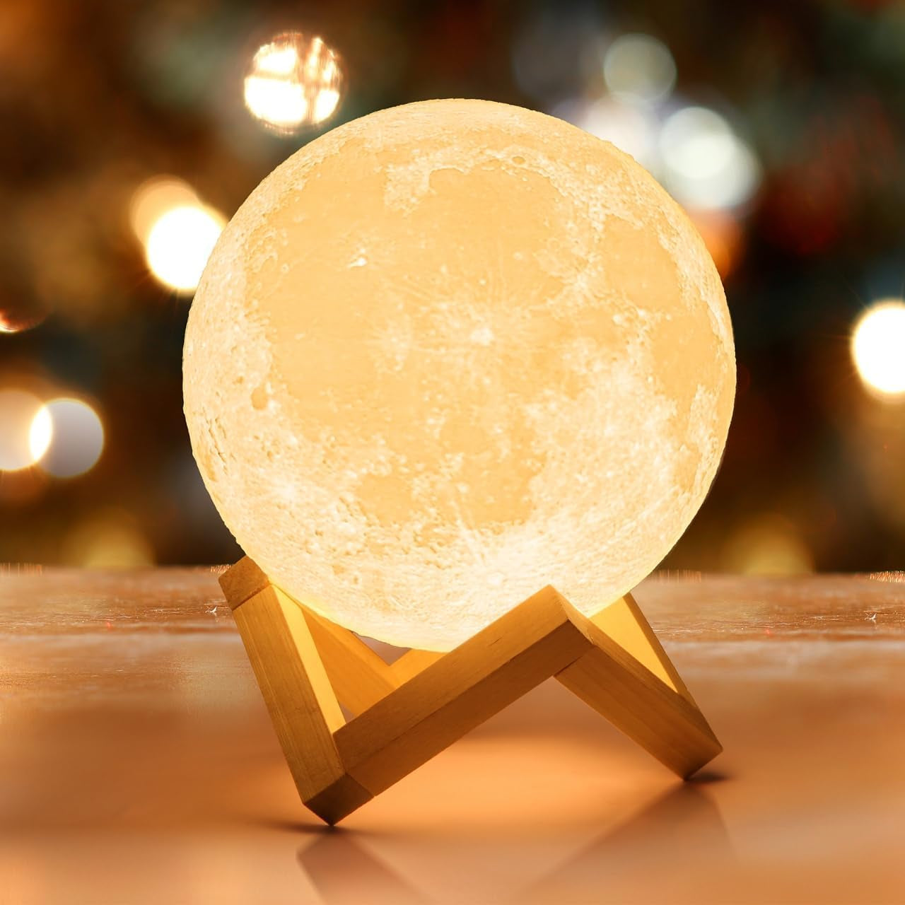 Moon Lamp 3D Night Light - Valentine Gifts for Women, Mom & Kids, 5.9' Table Decor W/Wooden Base, Proposal Decororation W/Touch-Dimmable & USB Rechargeable, Dual-Color White/Warm Yellow