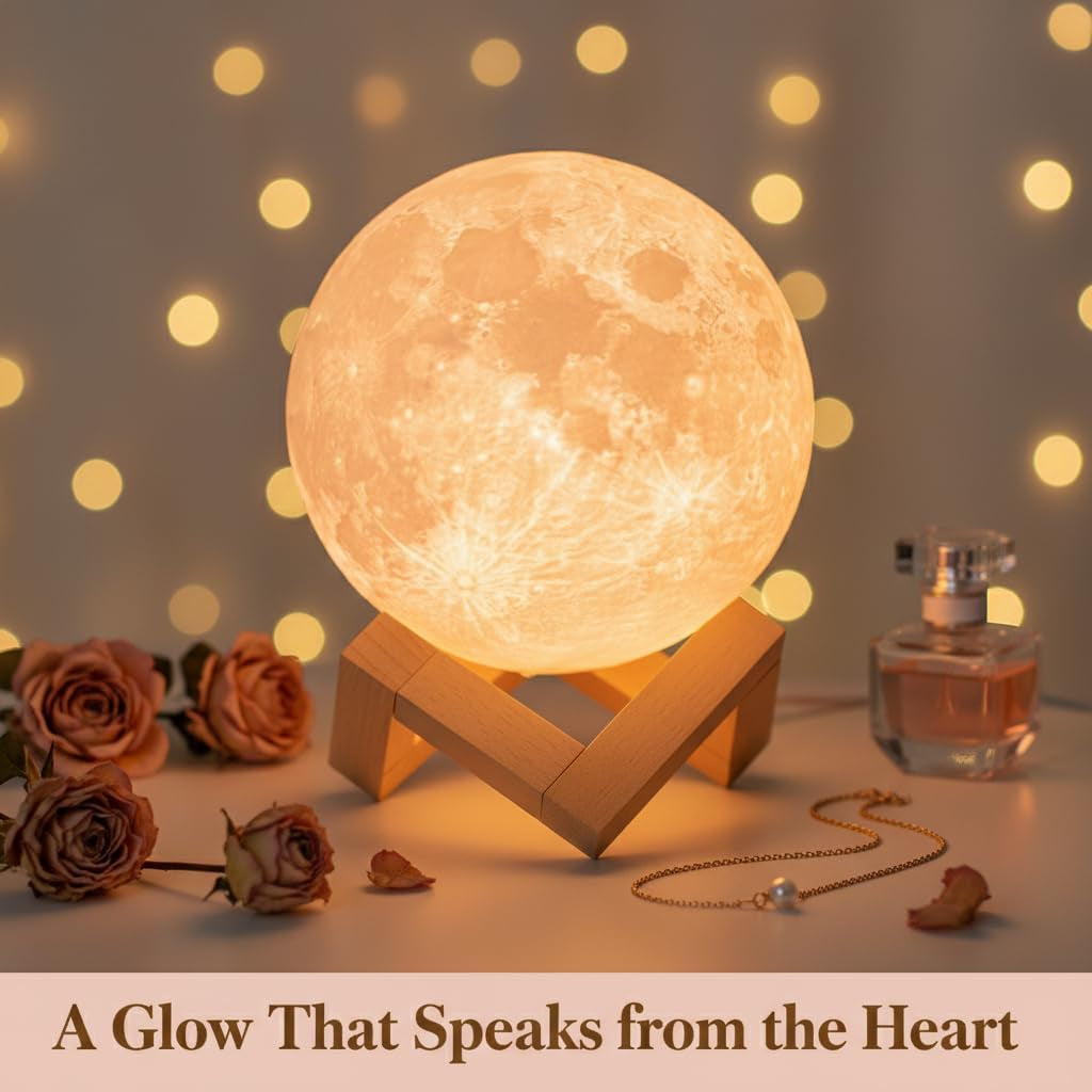 Moon Lamp 3D Night Light - Valentine Gifts for Women, Mom & Kids, 5.9' Table Decor W/Wooden Base, Proposal Decororation W/Touch-Dimmable & USB Rechargeable, Dual-Color White/Warm Yellow