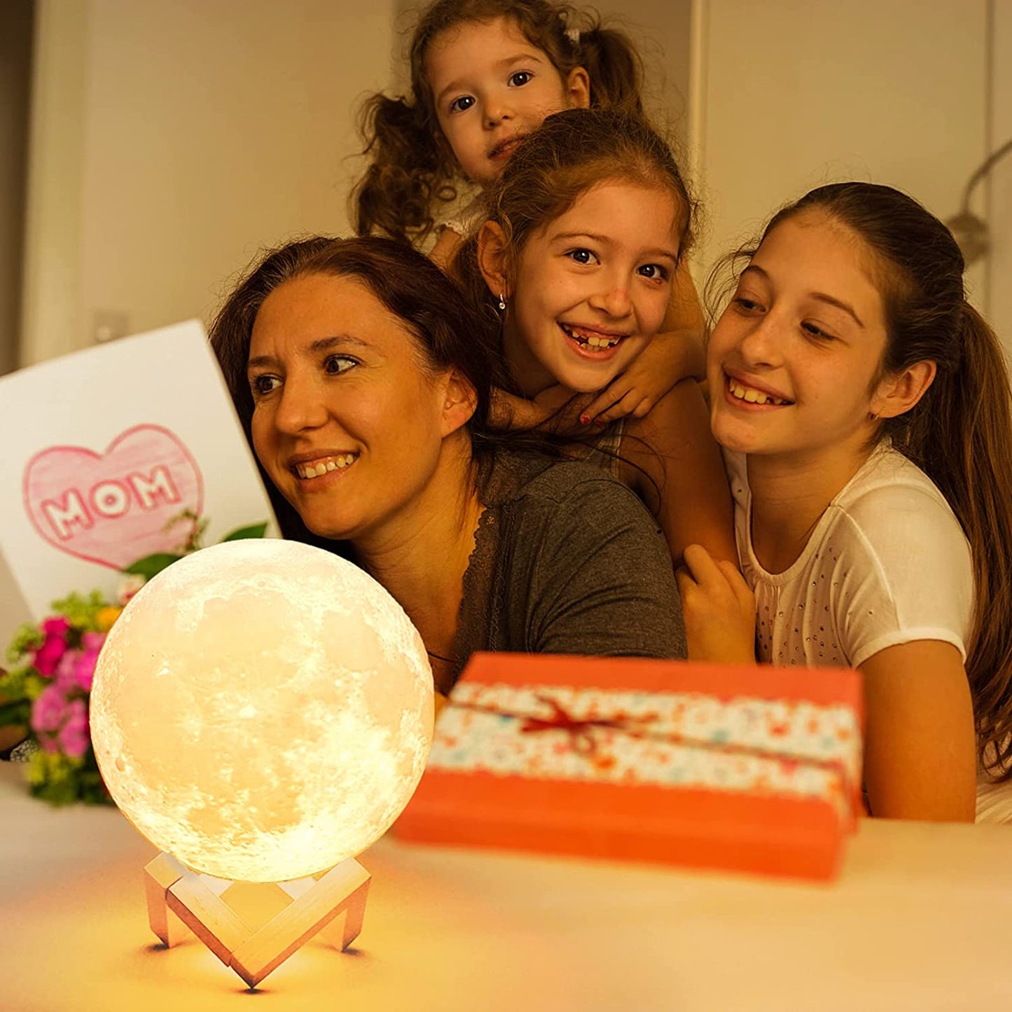 Moon Lamp 3D Night Light - Valentine Gifts for Women, Mom & Kids, 5.9' Table Decor W/Wooden Base, Proposal Decororation W/Touch-Dimmable & USB Rechargeable, Dual-Color White/Warm Yellow