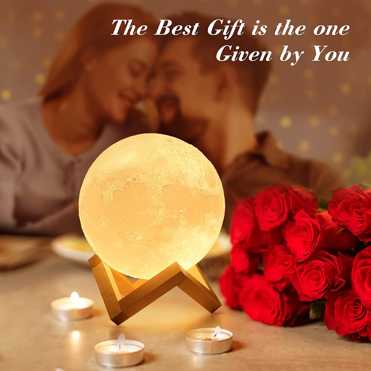 Moon Lamp 3D Night Light - Valentine Gifts for Women, Mom & Kids, 5.9' Table Decor W/Wooden Base, Proposal Decororation W/Touch-Dimmable & USB Rechargeable, Dual-Color White/Warm Yellow